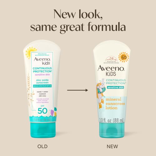 Aveeno Kids Continuous Protection Zinc Oxide Broad Spectrum Sunscreen Lotion for Kids’ Sensitive Skin. SPF 50 Oxybenzone Free Sunscreen, Tear- and Sweat-Free and Water-Resistant, Non-Greasy, 3 Fl Oz
