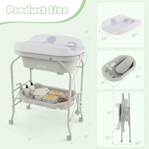 INFANS 2 in 1 Baby Changing Table with Bath Tub Unit, Folding Diaper Dresser Station with Wheels Waterproof Pad Storage Rack, Portable Nursery Organizer Stand for Newborn Infant (Light Grey)