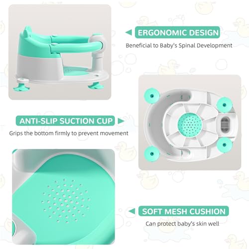 Baby Bath Seat for Babies 5-10 Months, Non-Slip Toddler Bath Seats for Babies Sitting Up, Safe Infant & Newborn Bathtub Chair with 4 Suction Cups & Soft Cushion for Shower,Mint