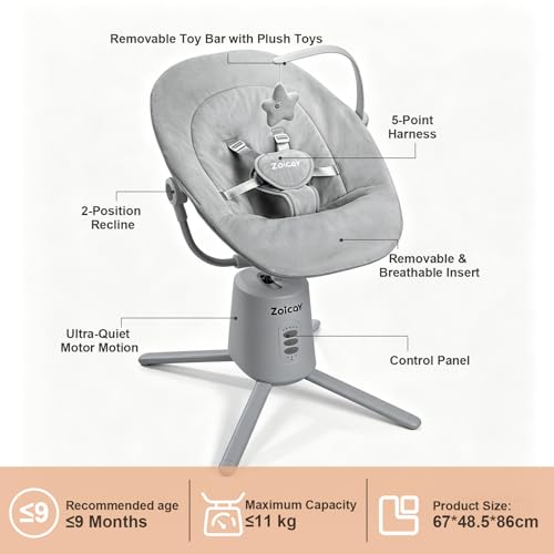 Zoicay Baby Swing,Baby Swings for Infants with 3 Modes & 5 Speeds, BT Enabled App & Remote Control, Electric Swing – 6 Melodies and 3 Timer Setting, 2 Seat Positions and 5-Point Harness Swing (Gray)