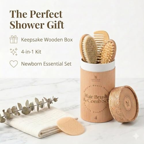 Wooden Baby Hair Brush Grooming Kit with Beech Wood Goat Hair Brush, Cradle Cap Brush, Silicone Scalp Massager, Ultra Soft Bristle Brush | Gender Neutral Newborn Hairbrush Set for Boy or Girl