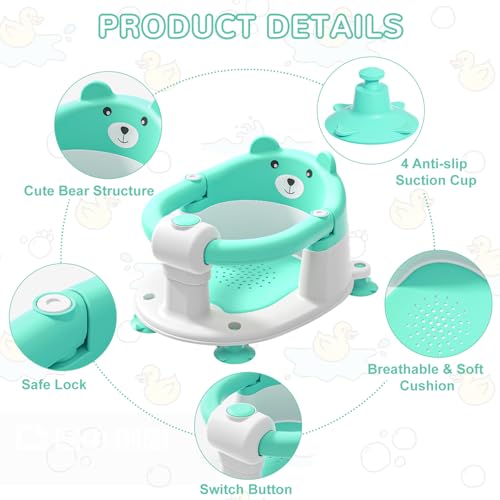 Baby Bath Seat for Babies 5-10 Months, Non-Slip Toddler Bath Seats for Babies Sitting Up, Safe Infant & Newborn Bathtub Chair with 4 Suction Cups & Soft Cushion for Shower,Mint