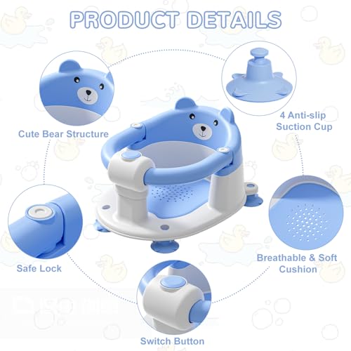 Baby Bath Seat for Babies 5-10 Months, Non-Slip Toddler Bath Seats for Babies Sitting Up, Safe Infant & Newborn Bathtub Chair with 4 Suction Cups & Soft Cushion for Shower,Blue