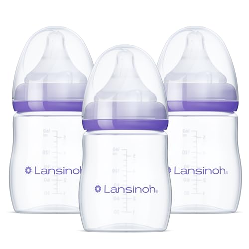 Lansinoh Anti-Colic Baby Bottles, BPA-Free Plastic, 5 Ounces, 3 Count, Slow Flow Nipples (Size S), Breastfeeding Bottle with NaturalWave Design, Baby Essentials