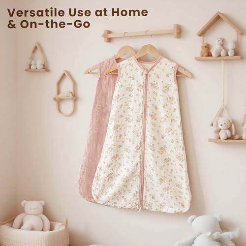 Konssy Muslin Baby Sleep Sack 6-12 Months 0.8 TOG, 2 Pack 100% Cotton Wearable Blanket for Babies, 2-Way Zipper Breathable Sleeping Sack Infant Toddler Essentials for Girls and Boys (Blossom, Pink)
