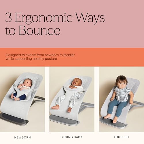 Ergobaby Evolve 3-in-1 Bouncer Seat for Babies and Toddlers 5.5-25lbs - Multi Position Baby Rocker Seat with Adjustable Heights, Secure Harness, Newborn Insert - Light Grey
