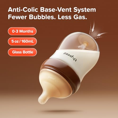 Thyseed Anti-Colic Glass Baby Bottle for Breastfed Infants, Natural Feeding, Breast-Like Newborn Slow Flow Nipple (1m+), 5 oz, 2 Pack