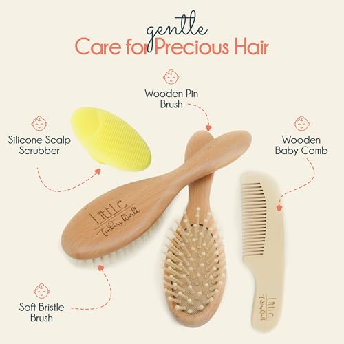 Little Tinkers World Baby Hair Brush and Comb Set 4-Piece Natural Wooden Set with Soft Goat Bristle Brush, Cradle Cap Brush & Comb Newborn Baby Registry Gift for Boys and Girls