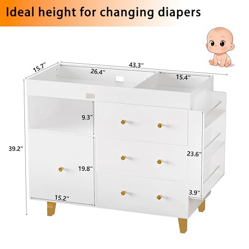 Wooden Baby Changing Table Dresser,Diaper Changing Table with Large Tabletop,4 Drawers, Open Storage Space & Side Shelves,Modern Storage Crib with Changing Table for Nurseries and Baby Rooms,White