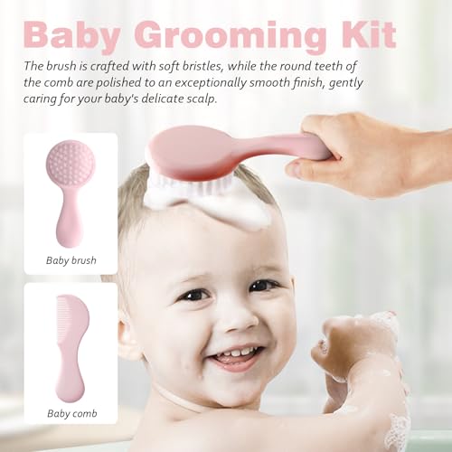 Baby Grooming Kit 6 - Piece Set in Storage Bag(Pink) - Soft Brush, Comb, Nail Clippers, Nasal Aspirator, Safety Scissors & File for Newborn/Toddler Care