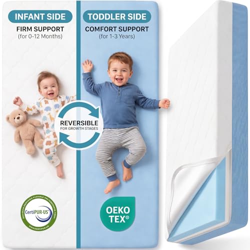 DeerFable Dual Sided Baby Crib Mattress, 5 Inch Thick Soft & Firm Memory Foam Breathable Toddler Mattress, 4 in1 Standard Baby Bed Mattresses with Removable Washable Cover 52x27.6x5 - Blue
