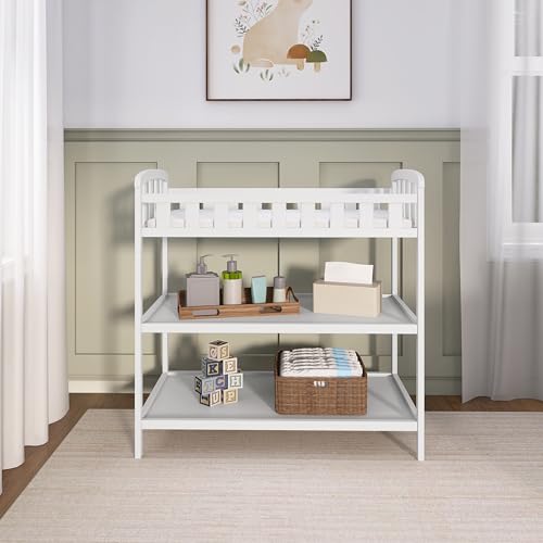 Dream On Me Emily Changing Table, Compact and Lightweight, Solid New Zealand Pinewood, Elevated Safety Rails, Two Storage Shelves, Includes Water-Resistant 1" Changing Pad — White