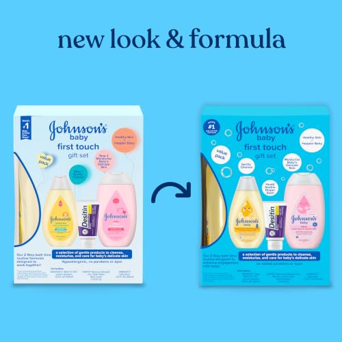 Johnson's Baby First Touch Baby Essentials Gift Set with Body Wash & Shampoo, Body Lotion, & Zinc Oxide Diaper Rash Paste for Baby's Delicate Skin, Hypoallergenic, No Added Parabens or Dyes, 3 Items