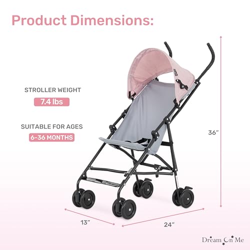 Dream On Me Aero Travel Umbrella Stroller, One-Hand Quick Fold, 3-Point Safety Harness, Dual Brakes, Adjustable Removable Canopy, Lightweight Compact & Space-Saving, for 6 to 36 Months – Pink