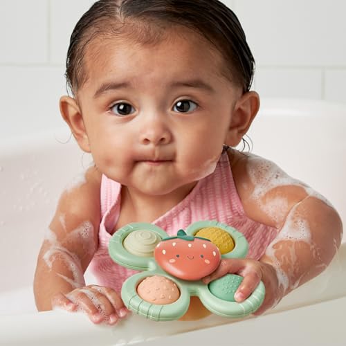 Itzy Ritzy Pop & Whirl – Fidget Spinner Travel & Bath Toy for Babies & Toddlers – Fidget w/Textured Silicone Popper to Develop Fine Motor Skills –Sticks to Highchairs, Tables, Tubs, More (Strawberry)