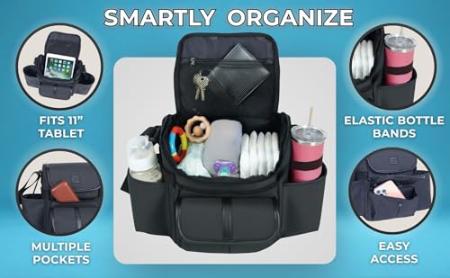 NT·hut Baby Stroller Organizer, Stroller Caddy , 2 Wide Cup Holders & Stability Bottle Straps, Adjustable Shoulder Strap, Fits 11" Tablet, Magnetic Pocket, YKK Zippers & Mesh Pockets, Waterproof