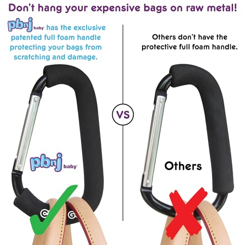 PBnJ Baby Stroller Hooks, 6.6" Extra Large Carabiner Clip, 2 Pack — Heavy Duty Stroller Clips for Hanging Bags, Patented Foam Handle Mommy Hook, Stroller Accessories for Shopping Purse Grocery Bag