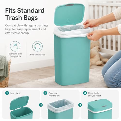Delletir 15L Smart Diaper Pail with Motion Sensor Lid | Touchless Hands-Free Baby Diaper Trash Can | Double Locking Seal | Slim Space-Saving Design | Quiet & Durable (Turquoise)