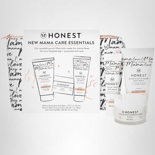The Honest Company New Mama Care Essentials Gift Set | Hospital Bag Must Haves | Travel Size Nip Balm (0.5 oz), Glow On Body Cream (1 oz), Gotta Glow Face Wash (1.75 fl oz), Reusable Pouch