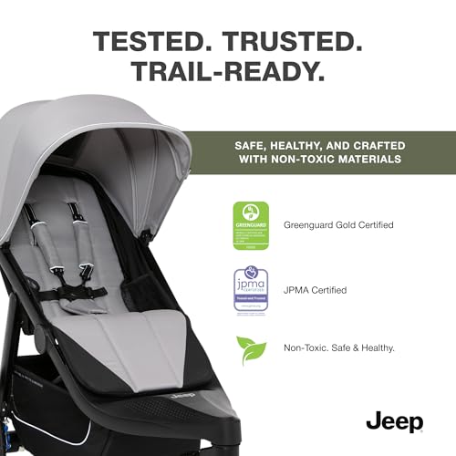 Delta Children - Jeep PowerGlyde Pro Jogging Stroller - 1-Step Back Brake & Hand Deceleration Disc Brakes for Speed Control - 1 Hand Fold, Soft Gray