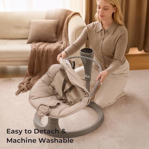 Momcozy 2-in-1 Electric Baby Swing, Dual-Arm Support System & Parent-Inspired Motions, Convertible to Toddler Seat up to 66 lbs, Adjustable Height, Lightweight, Khaki