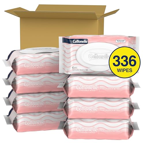 Cottonelle Fragrance Free Flushable Wet Wipes, Adult Wet Wipes, 8 Flip-Top Packs, 42 Wipes Per Pack