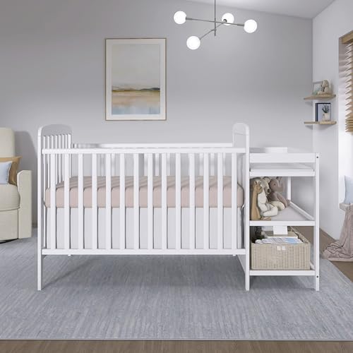 Dream On Me Anna 3-in-1 Convertible Full-Size Baby Crib & Changer with Storage in White, GreenGuard Gold & BSA, Pinewood, Converts to Day & Toddler Bed, 3 Mattress Heights, 1″ Changing Pad