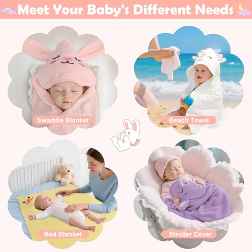 CandyHome 12 PCS Baby Bath Towels for Infants Toddlers, 4 PCS Animal Hooded Baby Towels & 8 PCS Washcloths Set, Ultra Absorbent Soft Cute Newborn Bath Essentials Gifts for Boys & Girls