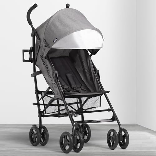 Jeep PowerGlyde Plus Stroller by Delta Children Lightweight Travel Stroller with Smoothest Ride, Aluminum Frame, 4-Position Recline, Extra Large Storage Basket, Grey