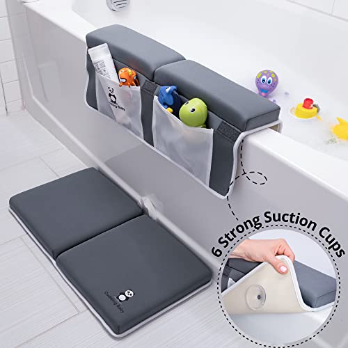 Cuddling Baby Bath Kneeler and Elbow Rest Pad Set - 2PC Premium Baby Bath Mat Set - Non-Slip Kneeling Pad with Storage Pockets - Machine Washable, Durable Foam Pad Bundle - Gray