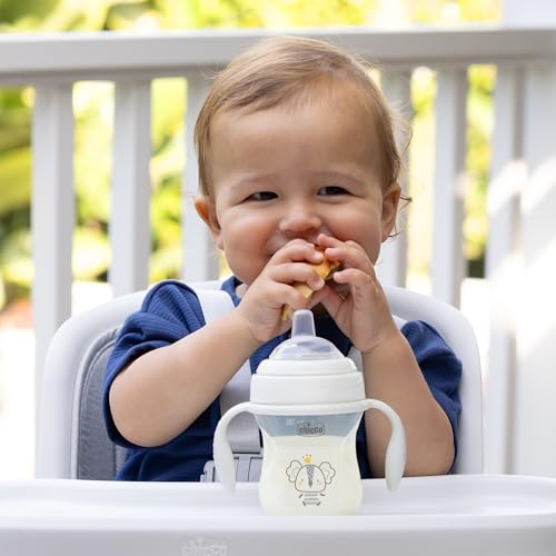 Chicco Transition Sippy Cup for Babies 4+ Months, 7oz Training Cup with Soft Silicone Spout, Easy Grip Removable Handles, Measurement Markings, BPA Free, Grey