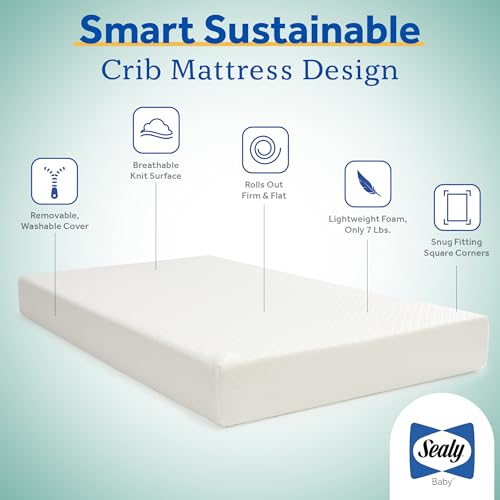 Sealy Baby Infant & Toddler Crib Mattress - Butterfly Knit Premium Foam, Waterproof and Breathable, Non Toxic Washable Zip off Cover, GREENGUARD GOLD Certified, Made in USA, 52x28