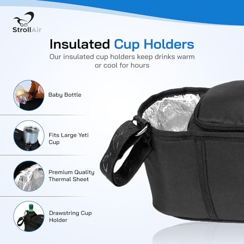 StrollAir - Universal Best Double Parent Stroller Organizer Caddy Insulated Cup Holder Console side-by-side Mountain Buggy TWIN WAY Bob Duallie Baby Jogger City Mini GT – Black