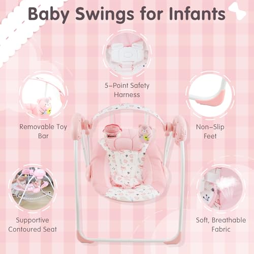 Enborbabe Baby Swings for Infants, Portable Baby Swing with Music, 5 Speed Levels, Timer, Infant Swing for Indoor Outdoor Use, 0-9 Months Up to 20 lbs