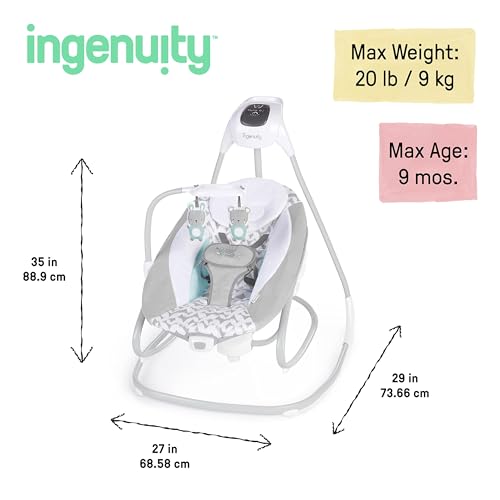 Ingenuity 2-in-1 SimpleComfort Lightweight Compact 6-Speed Multi-Direction Baby Swing & Rocker, Vibrations & Nature Sounds, 0-9 Months 6-20 lbs (Raylan)