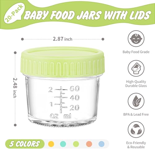 DRKIO 20 Pack Glass Baby Food Storage Containers 4 Oz Baby Food Jars with Lids Baby Food Maker Microwave Dishwasher Freezer Safe 100% Leak-Proof BPA Free