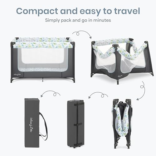 Dream On Me Zodiak Baby Playard, Breathable Mesh Sides, Soft Comfortable Mattress, Quick & Easy to Fold with Travel Carry Bag, Compact Space Saving Design - Grey/Green