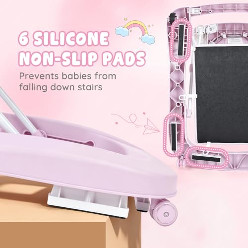 Baby Walker with Wheels, 5-in-1 Foldable Push Walker for Baby Girls 6-12 Months, Baby Walker & Bouncer Combo, Adjustable Height, Music Light Infant Activity Center Bouncer Walker(Pink)