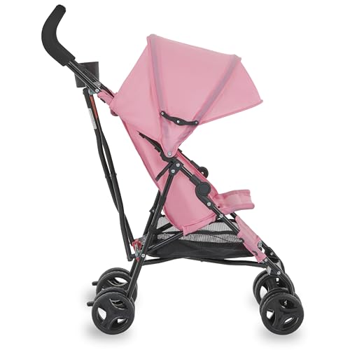 Dream On Me Rover Convenience Baby Stroller – Lightweight & Compact Travel Umbrella Stroller, Quick One-Hand Fold, Lockable Rear Wheels, Adjustable Canopy, 3-Point Safety Harness & Cup Holder - Pink