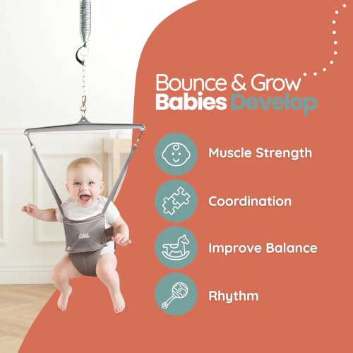 Jolly Jumper Elite (Grey) Baby Exerciser - Sturdy Frame, 6 ft Tall Stand Baby Jumper, Indoor and Outdoor Exercise Saddle Seat, Adjustable Height, for Infants up to 28 lbs