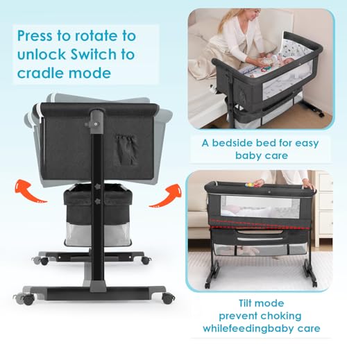 YADAQE Baby Cradle, Freestanding Bedside Bassinet, 3-in-1 Convertible Bassinet with 360° Swivel Wheels, 2026 New Model Adjustable, Easy-Fold Portable Neutral Baby Newborn Bassinet (Dark Gray)