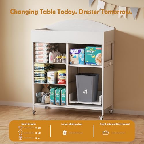 DTK Baby Dresser with Changing Table Top,4-Drawers Changing Table Dresser with Tile-Out Trash Cabinet and Pull-Out Shelf,Diaper Changing Station with Waterproof Pad and Storage for Nursery,White
