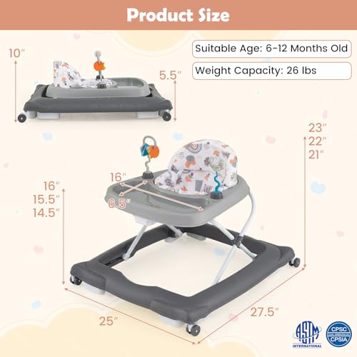 BABY JOY Baby Walker, Foldable Activity Walker with Adjustable Height, Large Tray & Removable Toys, Baby Walker with Wheels for Boys Girls 6-12 Months (Gray)
