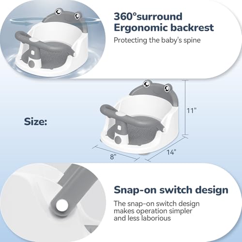 Baby Bath Seat for Babies 6 Months & Up - One-Handed Snap-On Armrest Baby Bath Chair | 4 Suction Cup Non-Slip Baby Bathtub Seat with Storage Bag | Ergonomic Infant Bath Seats for Baby Sitting Up Grey