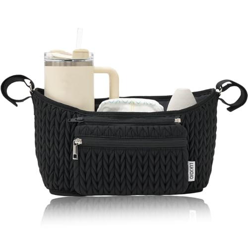 LUKJOJO Stroller Organizer - Stylish Quilting Nylon, Universal Fit, Detachable Bag, Adjustable Multi-Storage for Baby Stroller and Pet Stroller（Black-A
