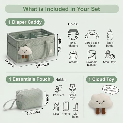 PeraBella Baby Diaper Caddy Organizer, Baby Basket Shower Gift, Portable Changing Table Basket, Postpartum Caddy & Tote Bag Pouch, Newborn Boy & Girl Nursery Essentials Registry, Car Diaper Organizer