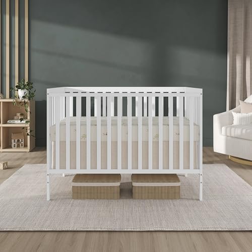 Dream On Me Synergy 5-in-1 Convertible Full-Size Baby Crib with Toddler, Day & Full Bed Conversion in White, GreenGuard Gold & BSA, 3 Mattress Heights, Sustainable Pinewood