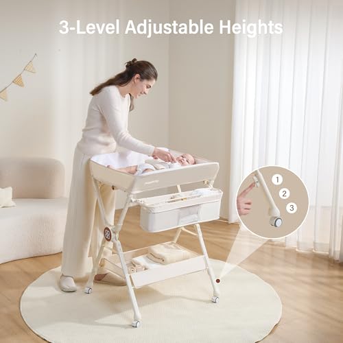 Maydolly Changing Table，Portable Diaper Changing Station, Foldable Baby Changing Table,Compact Nursery Diaper Changing Table for Baby，Adjustable Height，Mobile on Wheels (Beige)