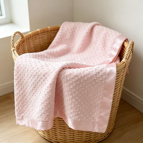 American Baby Company Heavenly Soft Chenille Receiving Blanket (30" x 40"), 2-Layer Design with Minky Dot & Silky Satin, Pink, for Boys and Girls