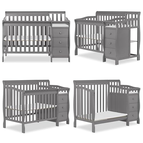 Dream On Me Jayden 4‑in‑1 Mini Convertible Baby Crib & Changer with Storage, Steel Grey, Pinewood, GreenGuard Gold & JPMA, 1” Mattress Pad, 3 Mattress Heights, Converts to Mini Day & Twin-Size Bed